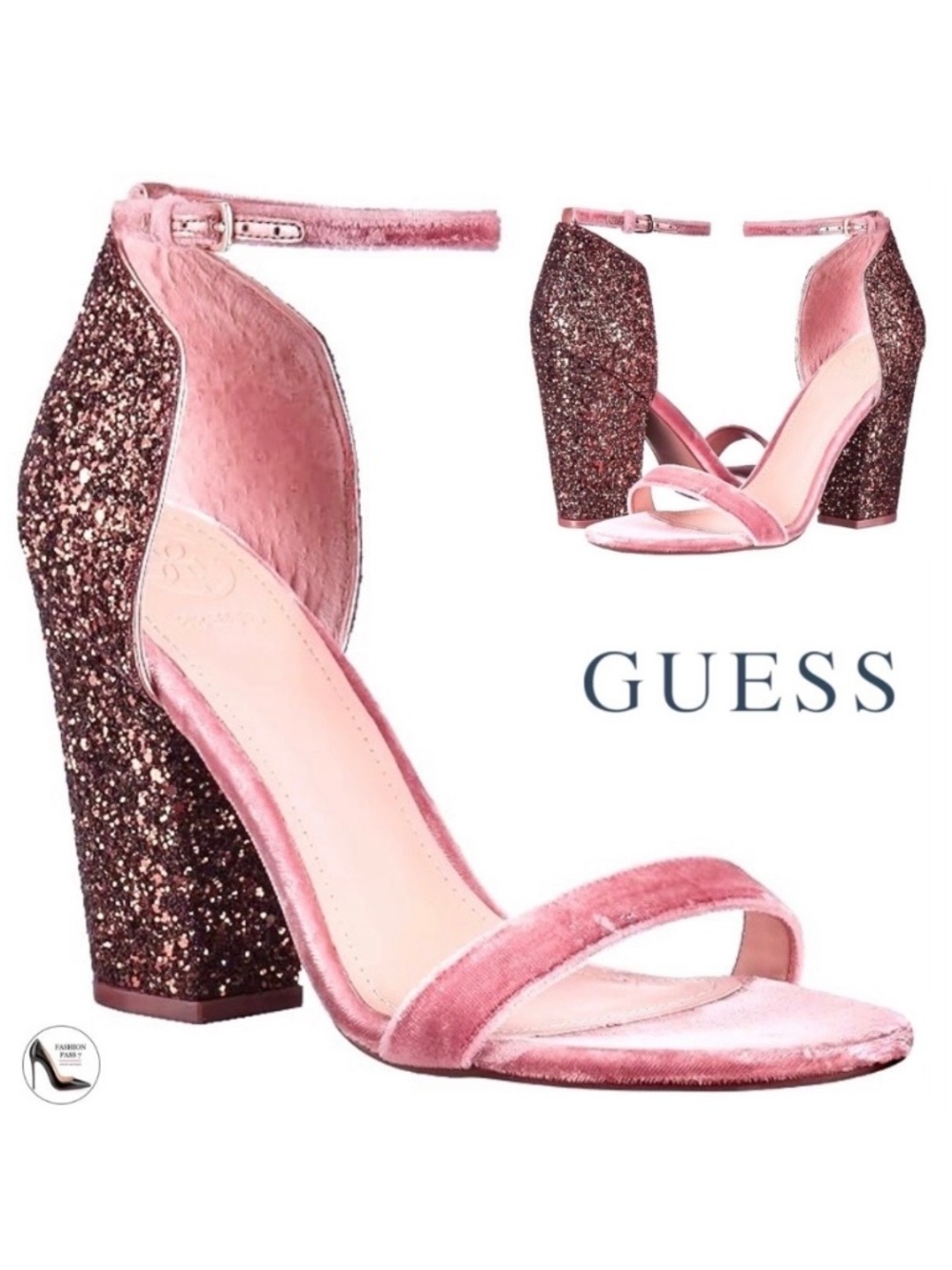GUESS BamBam Glittery Pink Block-Heel Dress Pumps Open Toe Ankle Strap Sandals 9